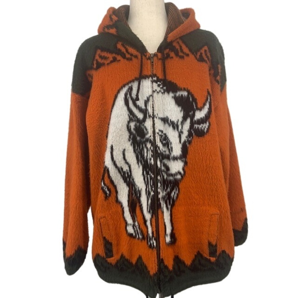 Buffalo Bison Hooded Zip Sweater Ecuadorian Southwestern Cowichan Style L XL